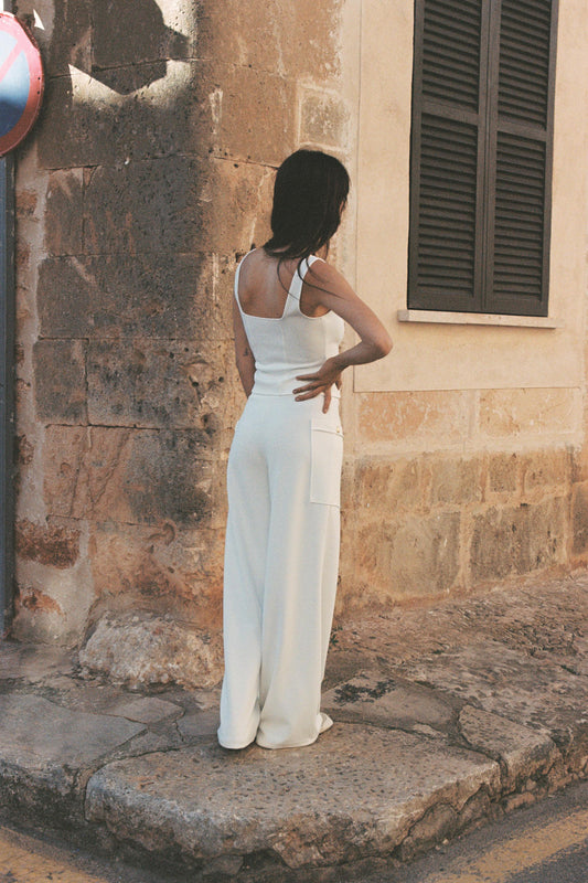 White Button - Front Crop Top & Wide - Leg Pants Set