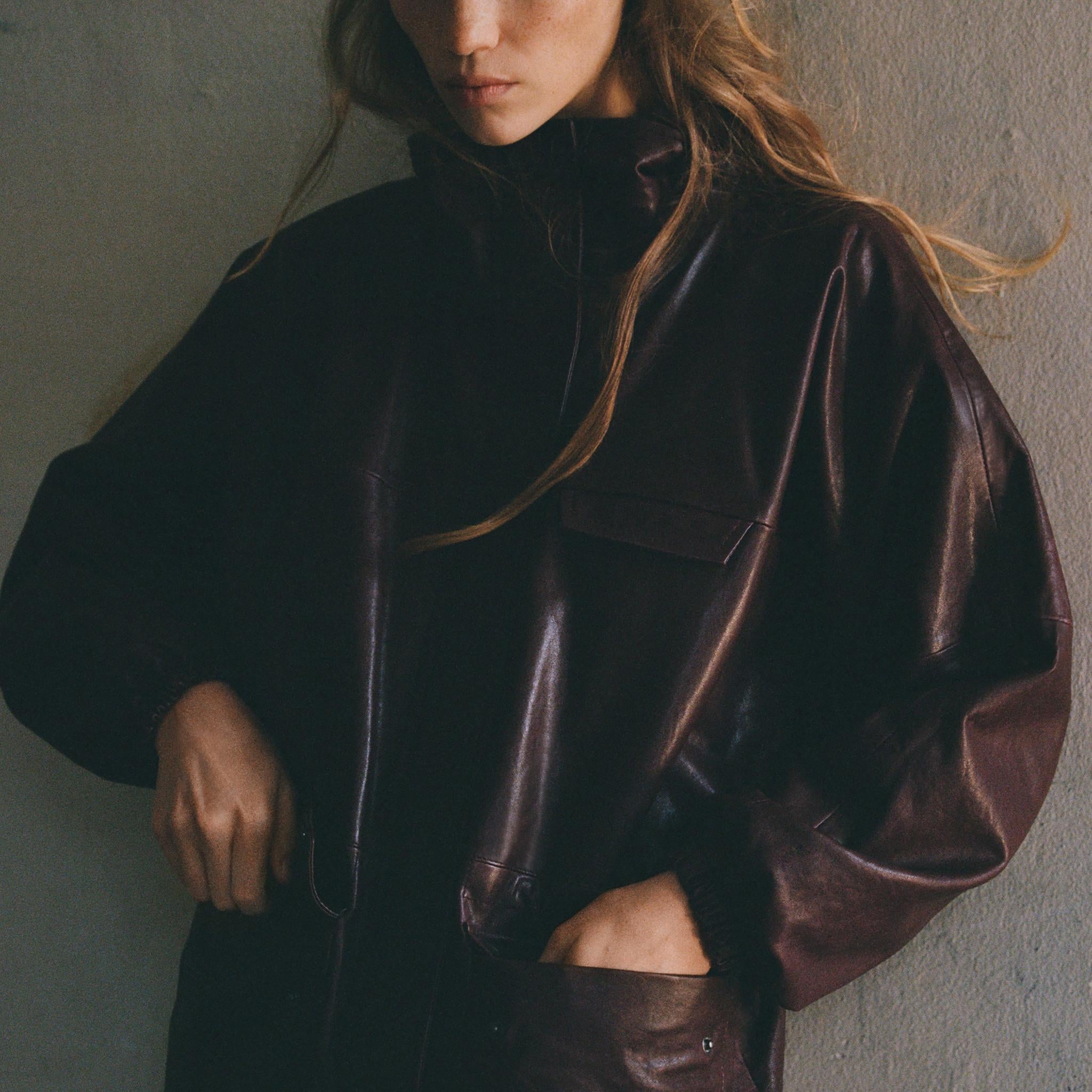 Oversized Faux Leather High - Neck Jacket with Pockets