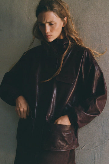 Oversized Faux Leather High - Neck Jacket with Pockets