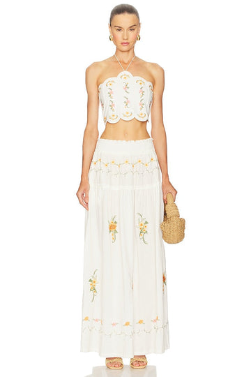 White Embroidered Halter Crop Top & Maxi Skirt Set