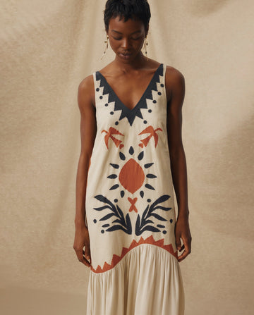 Linen V-neck maxi dress with ruffles