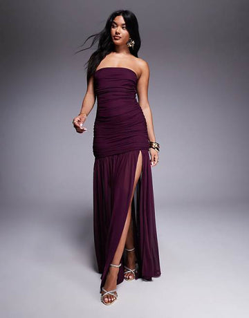 Plum Strapless Ruched Maxi Dress with Side Slit