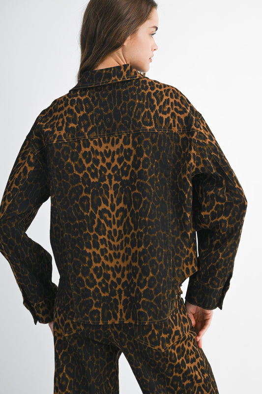 Leopard Print Denim Jacket and Wide - Leg Pants Set