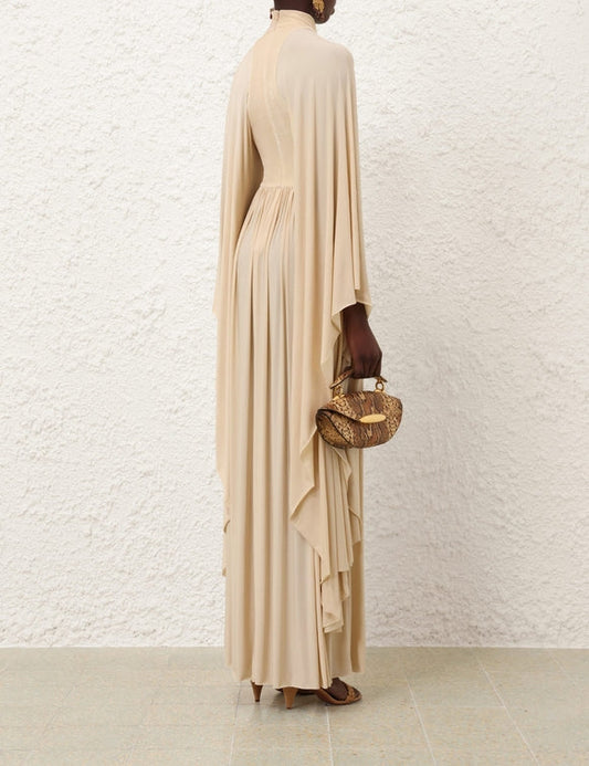 Beige Cape - Sleeve High - Neck Maxi Dress