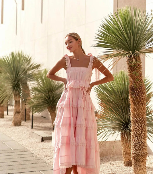 Pink Tiered Ruffle Maxi Dress with Bow - Strap Detail