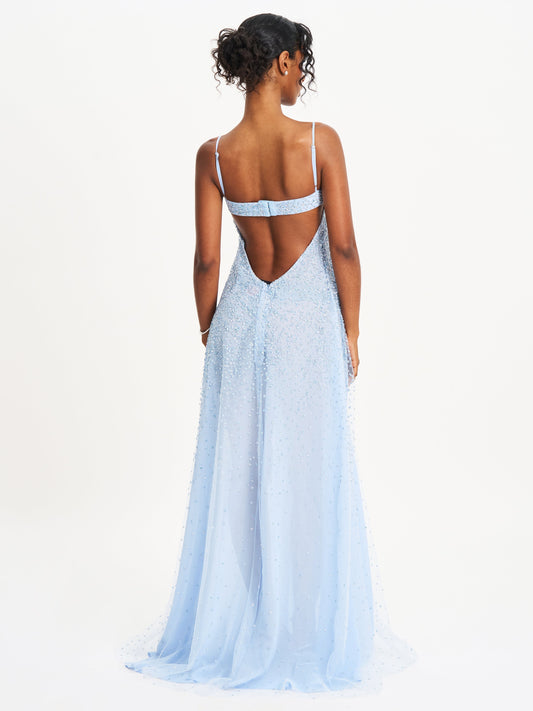 Light Blue Beaded Tulle Maxi Dress with Spaghetti Straps