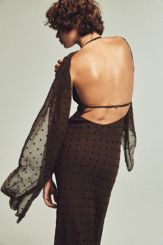 Brown Polka Dot Halter Maxi Dress with Scarf Detail