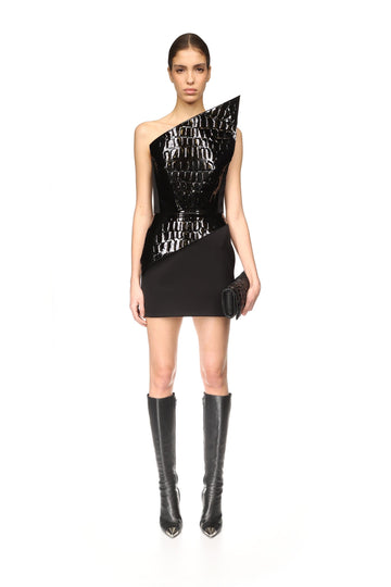 Black One - Shoulder Patent Leather Accent Mini Dress