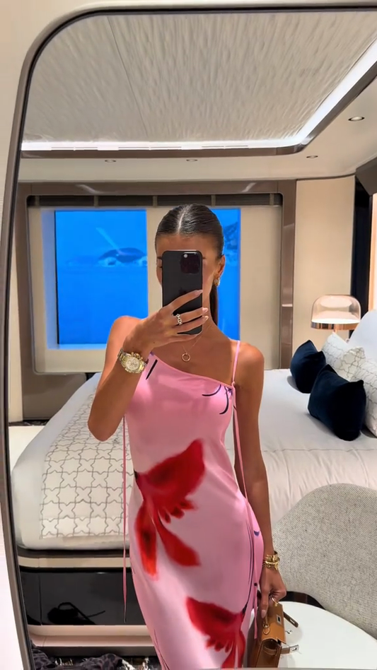 Pink one-shoulder floral-print satin maxi dress