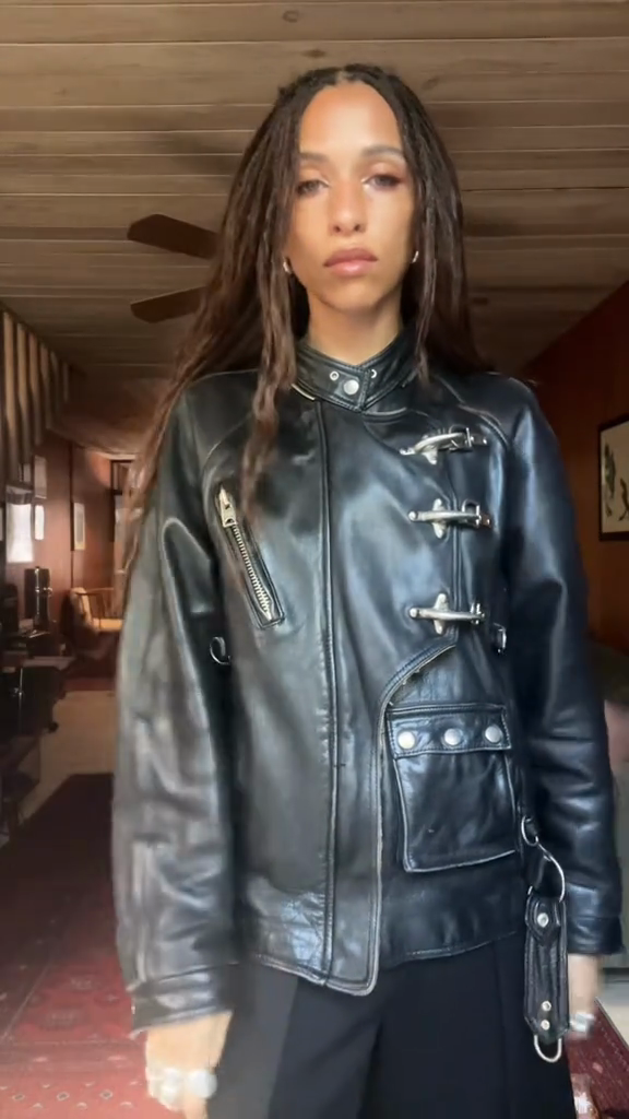 Black Leather Biker Jacket with Buckle Detailing