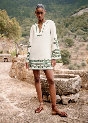 White Embroidered Short Dress with Green Detailing