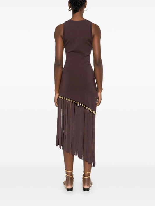Brown Sleeveless Asymmetric Fringe Midi Dress
