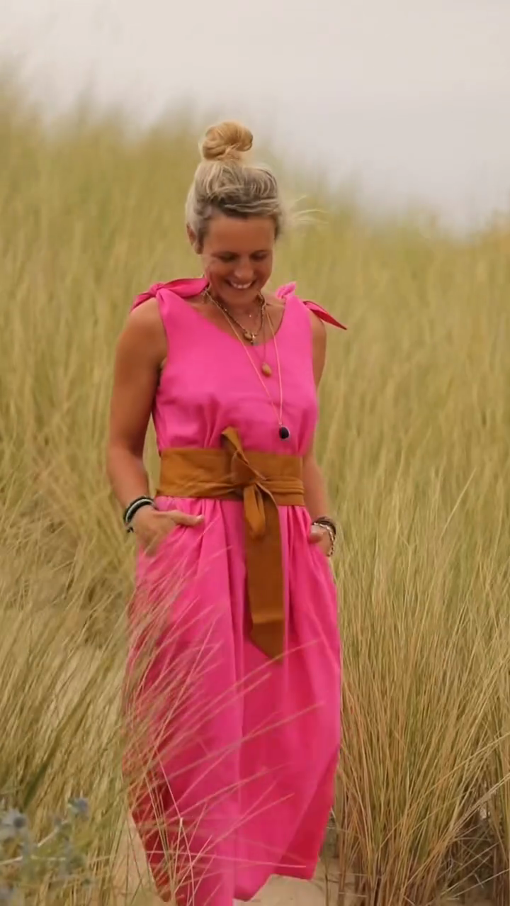 Bright Pink Sleeveless Bow Midi Dress