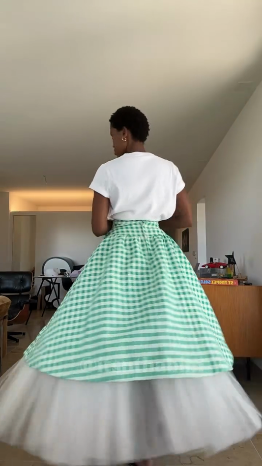 White Tee with Green Checkered Overlay and Tulle Skirt Set