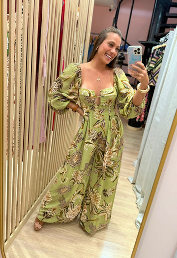 Green Floral Puff Sleeve Wide Leg Jumpsuit