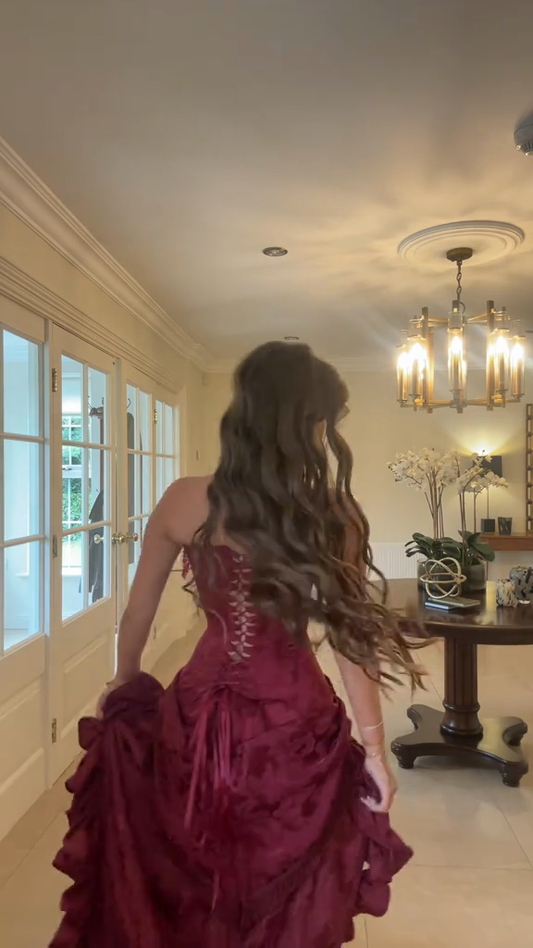 Burgundy Strapless High - Low Ruffled Gown