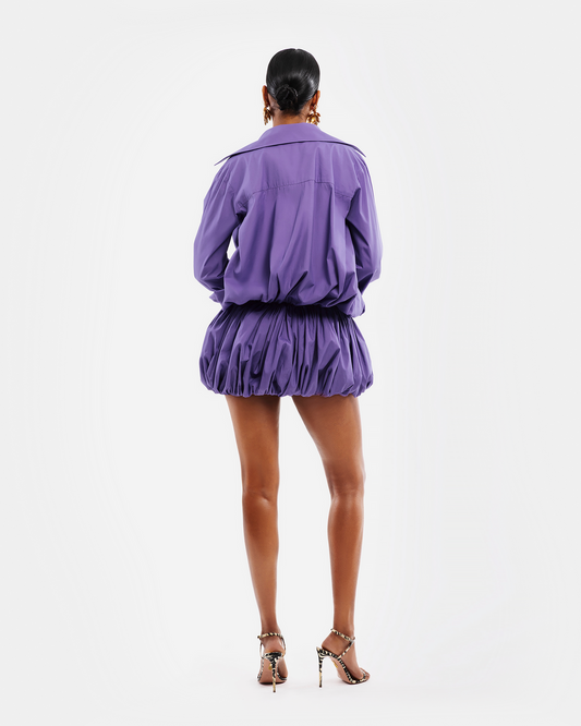 Purple Oversized Shirt Dress with Elasticized Hem