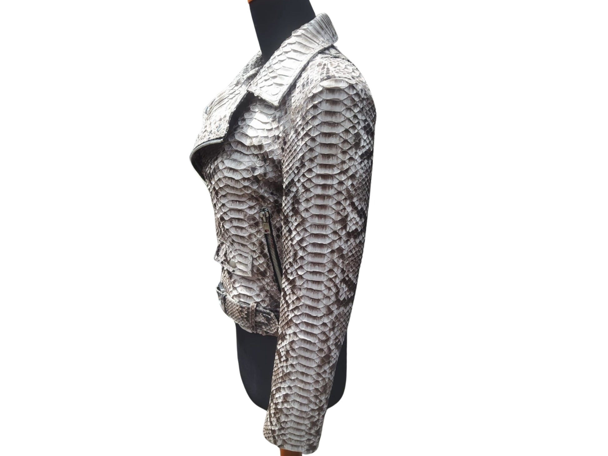 Mannequin wearing a textured silver and black outfit on a white background