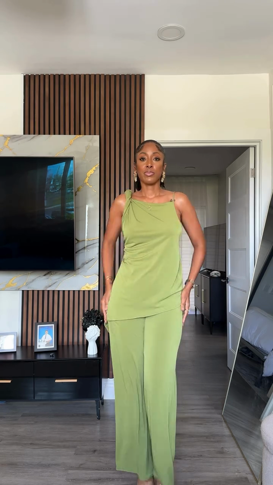 Lime Green Asymmetrical - Strap Top and Wide - Leg Pants Set