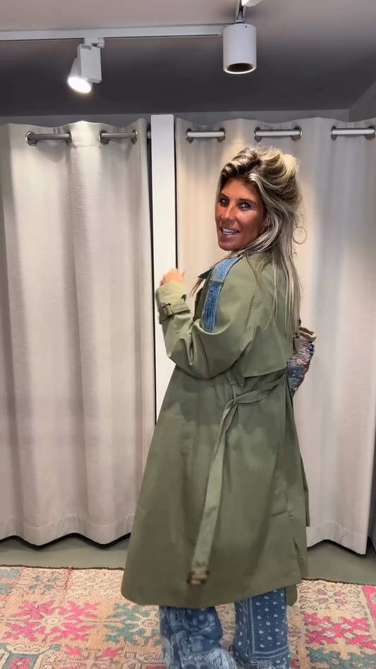 Olive Green Trench Coat with Denim Accents