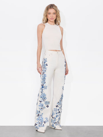 White Flared Jeans with Blue Floral Embroidery