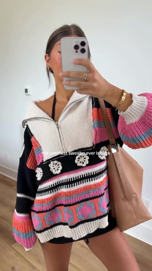 Colorblock Patterned Half - Zip Sweater