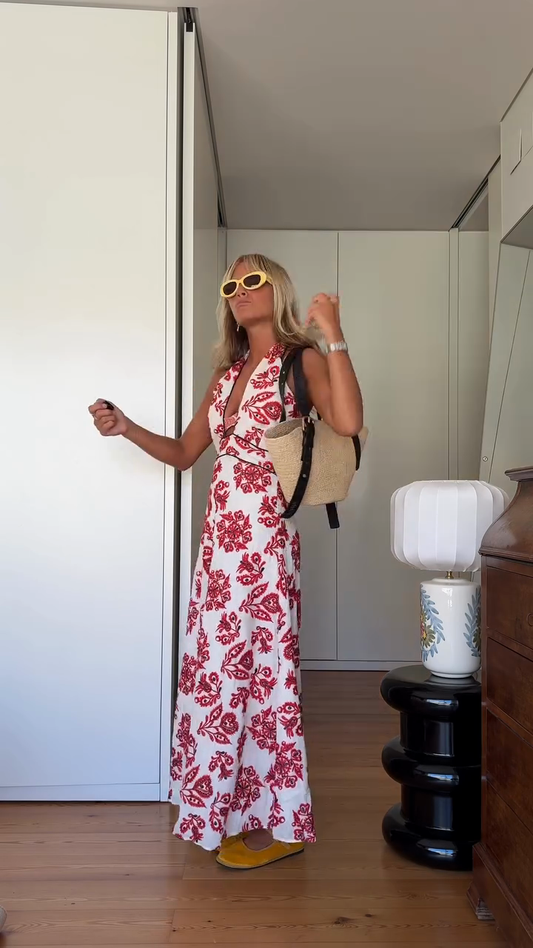 Red and White Floral Halter Maxi Dress