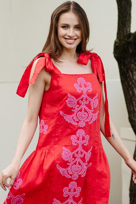 Embroidered Tie - Strap Maxi Dress