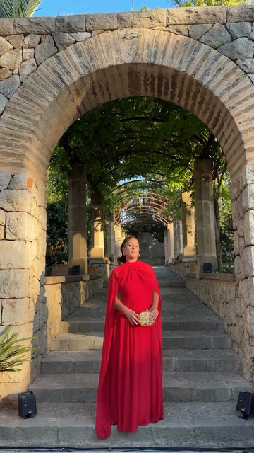Red Cape - Sleeve Maxi Evening Dress