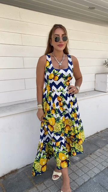 Blue and White Chevron with Lemon Print Maxi Dress