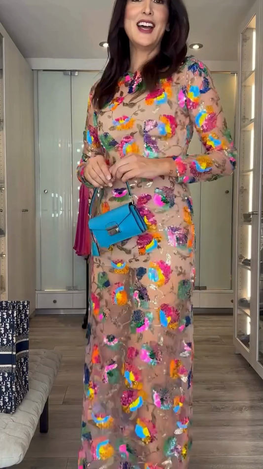 Colorful Floral - Embroidered Sheer Gown