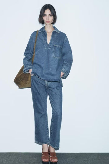 Denim Shirt & Wide - Leg Pants Set