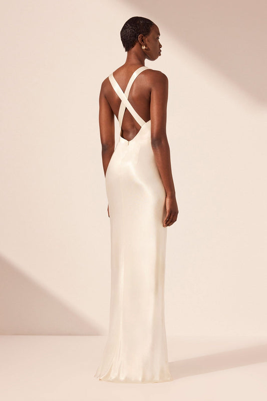 White Satin Maxi Dress with Lace Trim