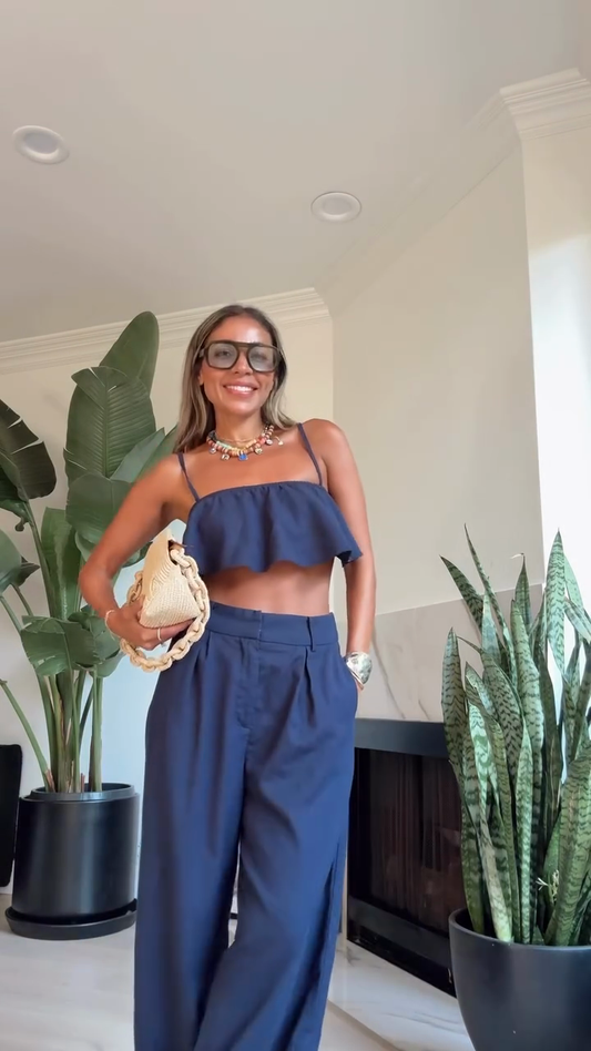 Navy Blue Ruffled Crop Top and Wide - Leg Pants Set