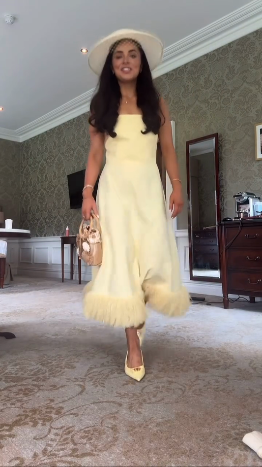 Yellow Off Shoulder Feather Hem Midi Dress