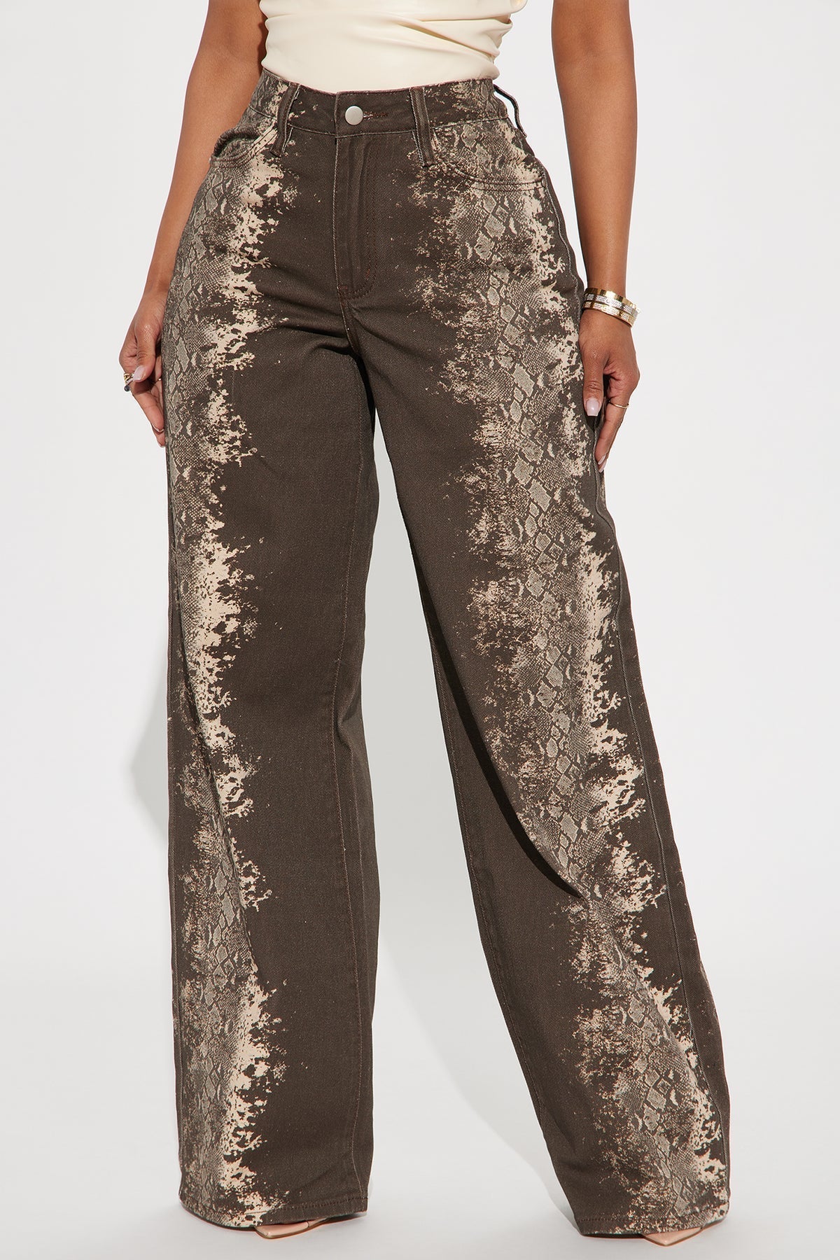 Snake Print Distressed Wide - Leg Jeans