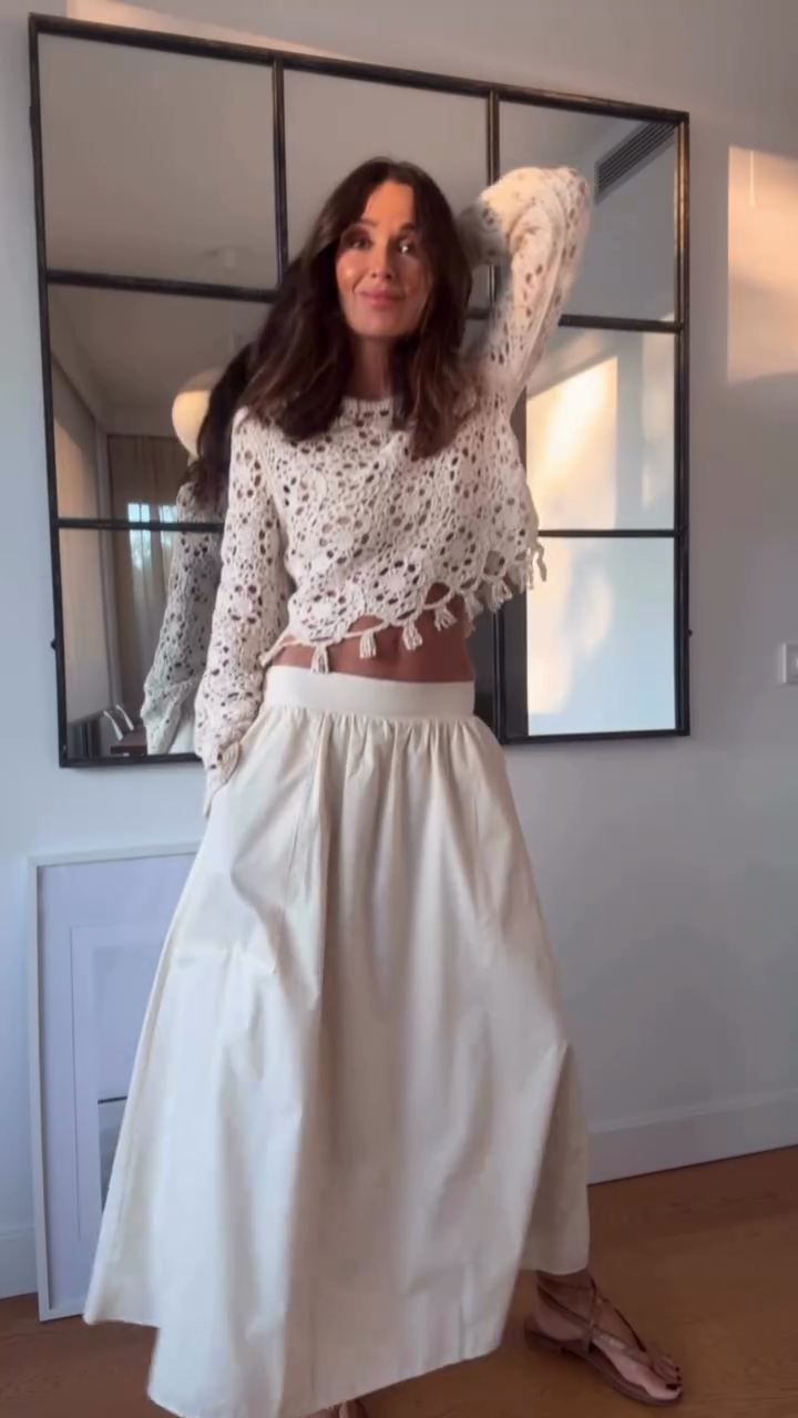 White Crochet Crop Top and Midi Skirt Set