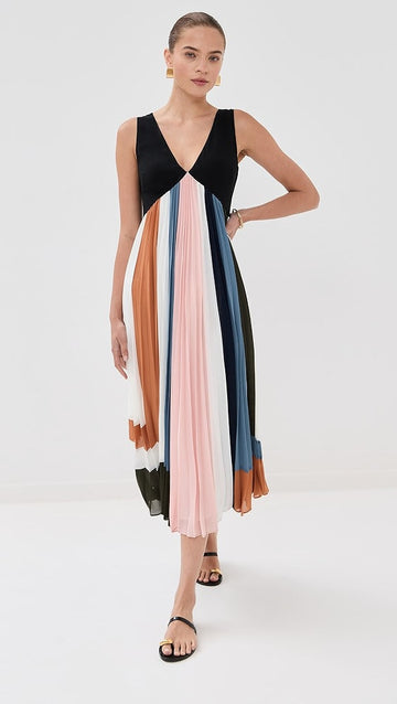 Black - Topped Color - Block Pleated Midi Dress