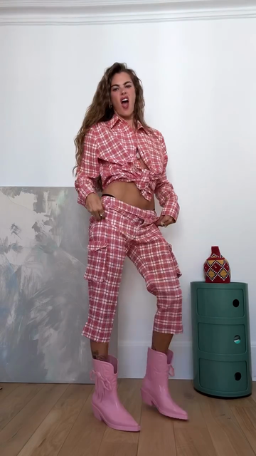 Red Checkered Cropped Shirt & Cargo Pants Set