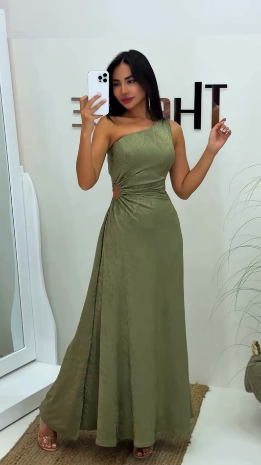 Olive Green One - Shoulder Maxi Dress