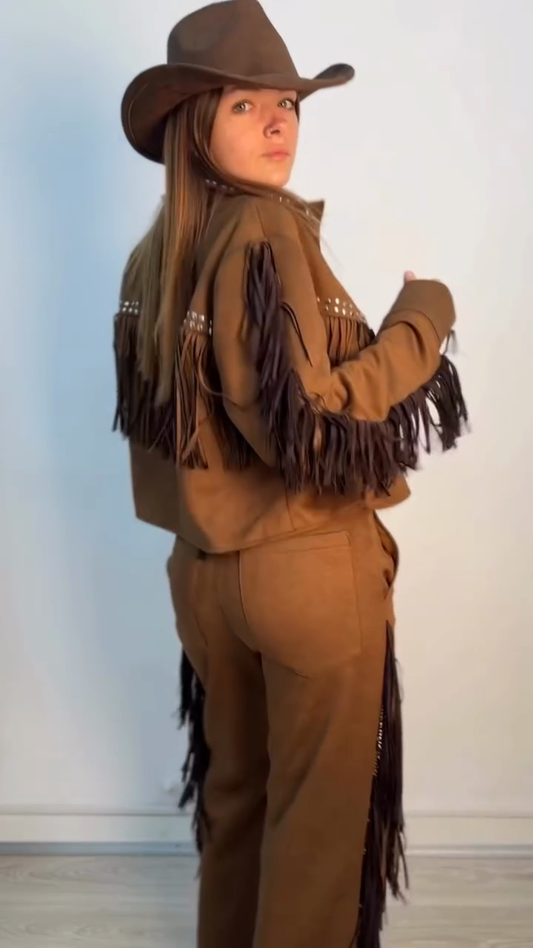 Brown Fringed Western Jacket and Lace - Up Pants Set