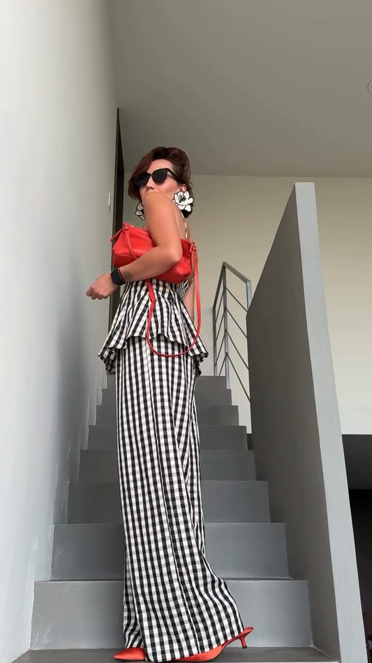 Black and White Gingham Strapless Top and Wide - Leg Pants Set