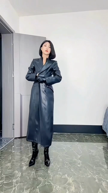 Dark Blue Leather Trench Coat