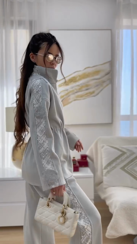 Light grey embroidered top and pants set