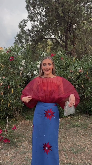 Red Sheer Top & Floral Blue Skirt Set