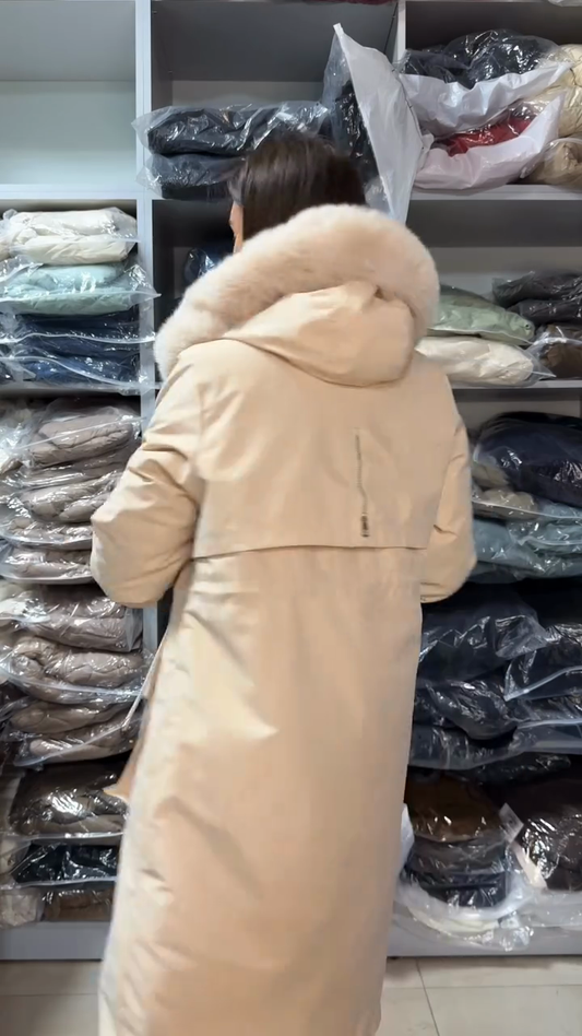Beige Down Coat with Faux Fur Hood