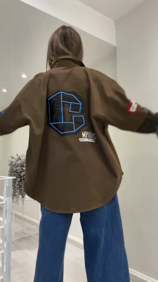 Brown Oversized Patchwork Shirt Jacket