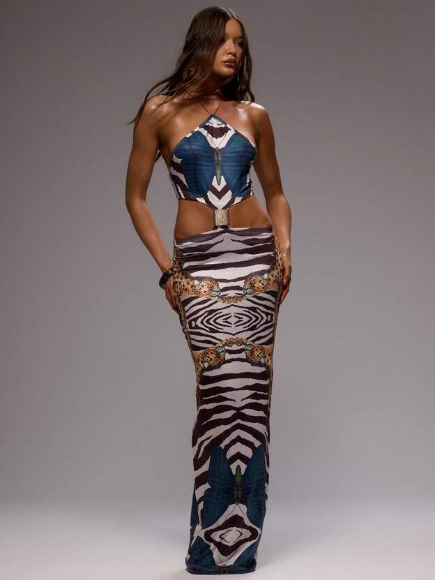 Animal Print Halter Neck Maxi Dress