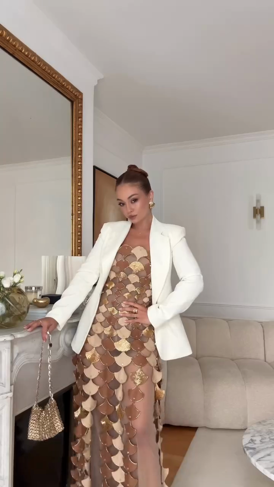 Scale off-the-shoulder dress