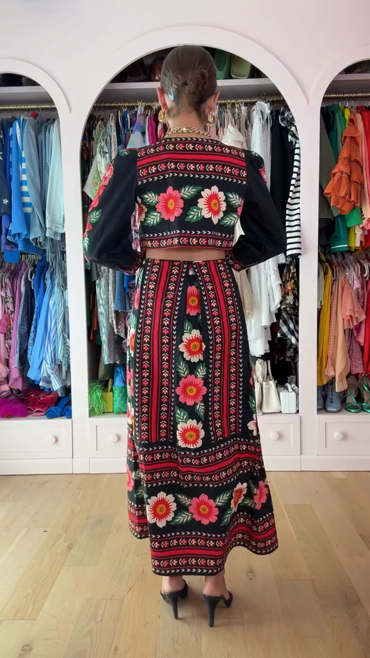 Floral Print Kimono - Style Cardigan and Midi Skirt Set